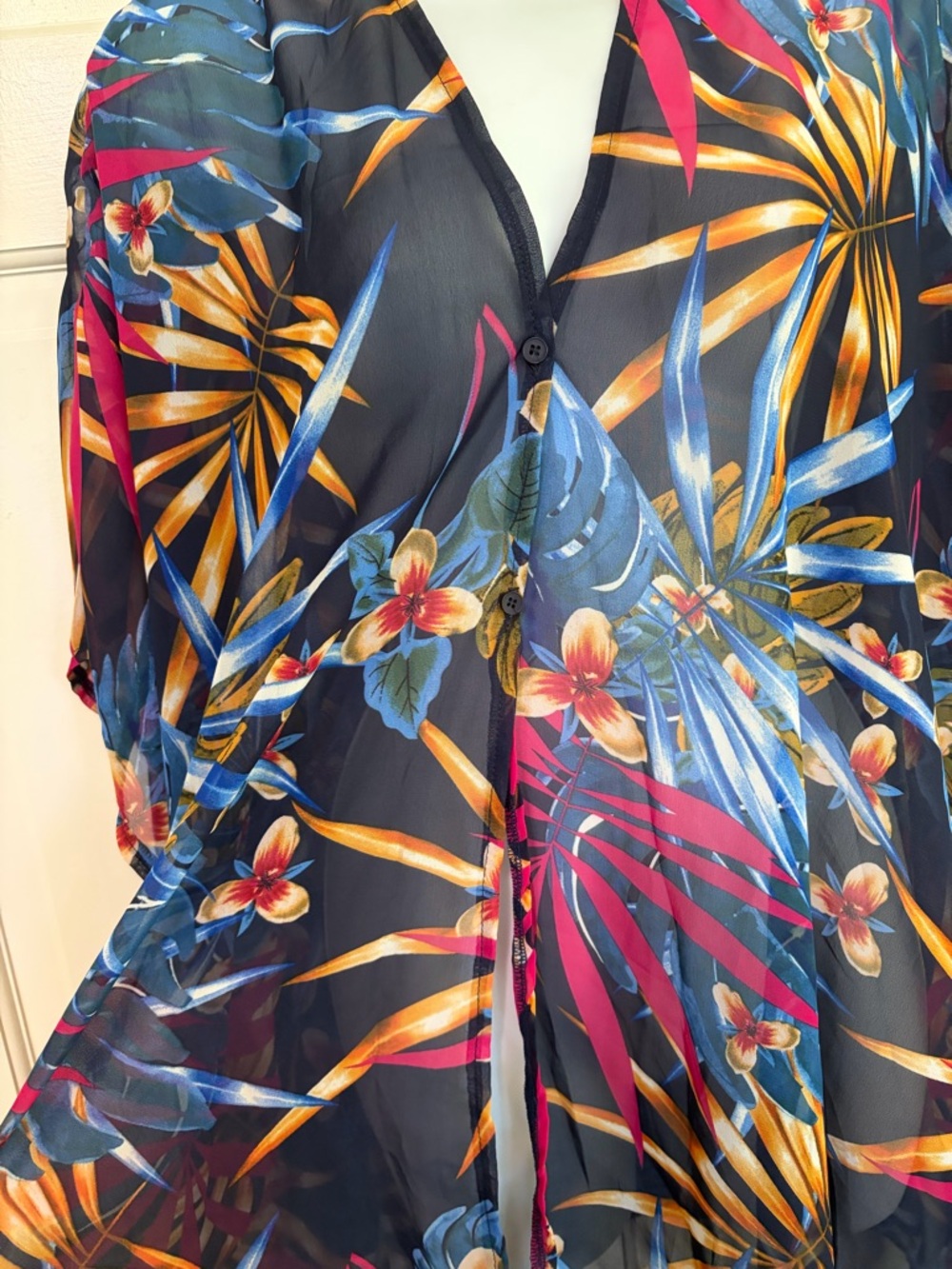 Tropical Floral Sheer Kimono Blouse - Navy/Multicolor - Picture 4 of 6